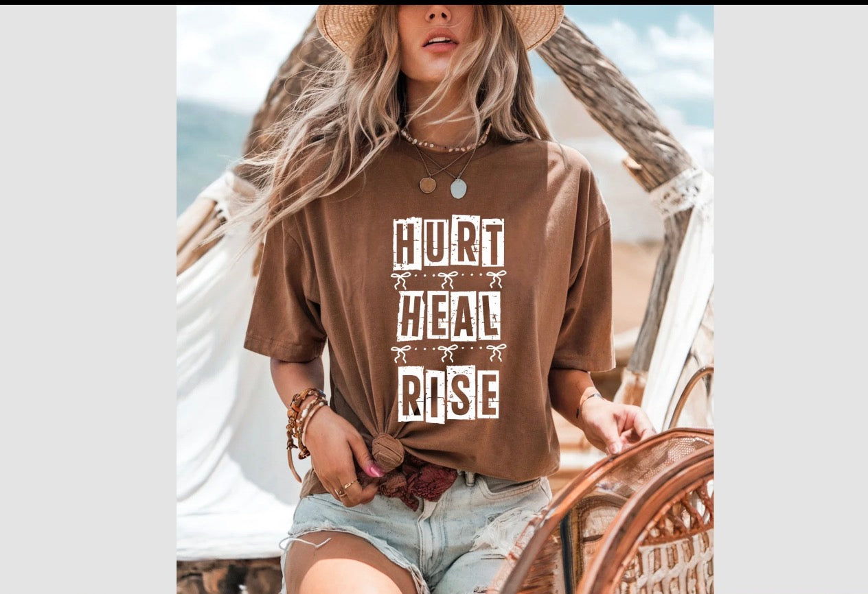 Brown T-Shirt- Reading Hurt Heal Rise | Bows | Coquette | Mental Health Shirt & Awareness| Faith
