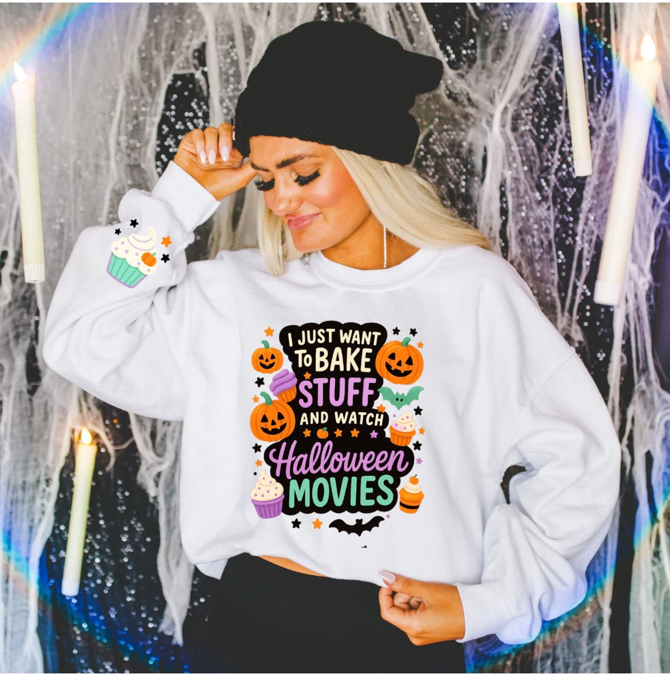 Graphic Sweater | Long Sleeve Fleece | or T-Shirt | I Just Want To Bake Stuff & Watch Halloween Movies