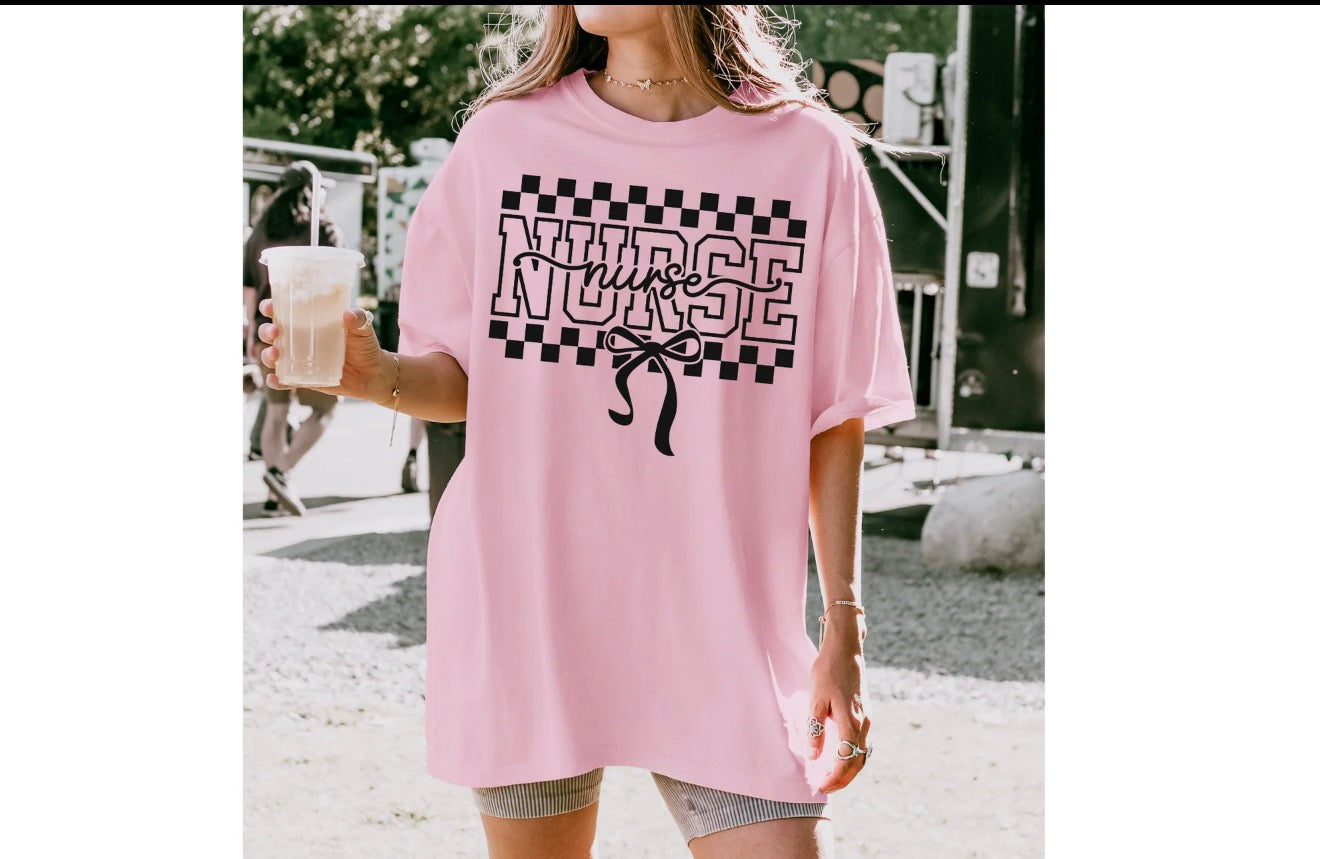 T-Shirt | Checkered Print| Nurse Bow Shirt | Coquette | Career, Choose Your Shirt Color!