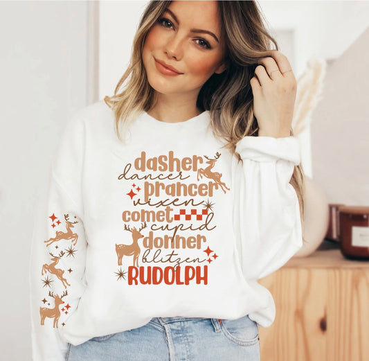 White Long Sleeve | Sweatshirt | Sweater | Christmas Reindeer Names Design & Sleeve Design! Nostalgic Dasher, Prancer Dancer