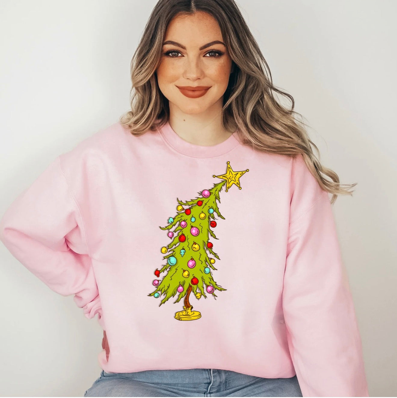 Light Pink Gildan Heavy Cotton Fleece With Grinch Christmas Tree Design!
