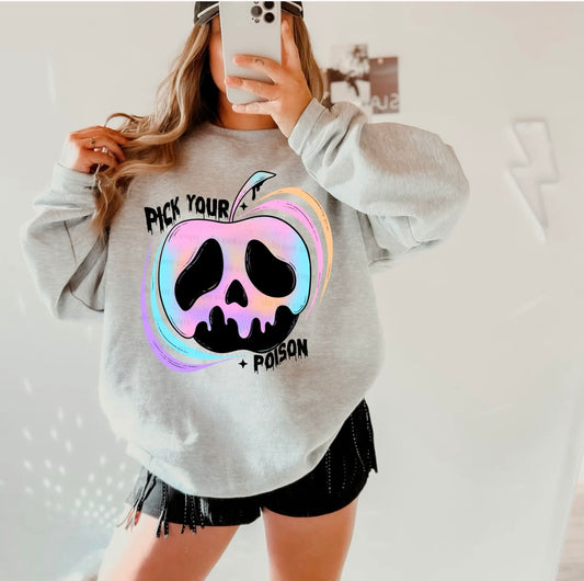 Ash Grey Graphic Long Sleeve Sweater| Design Glitter Pick Your Poison| Candy Apple| Halloween!