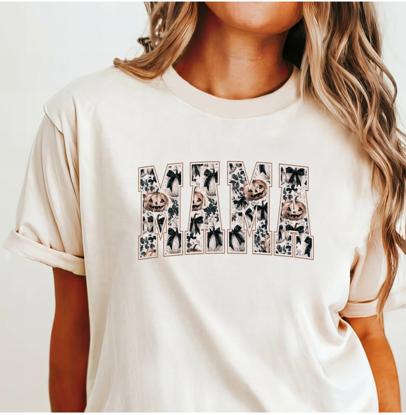 Graphic Tee!! Mama Bows & Halloween & Pumpkins! Off White T-Shirt. Screen Print Image Design!