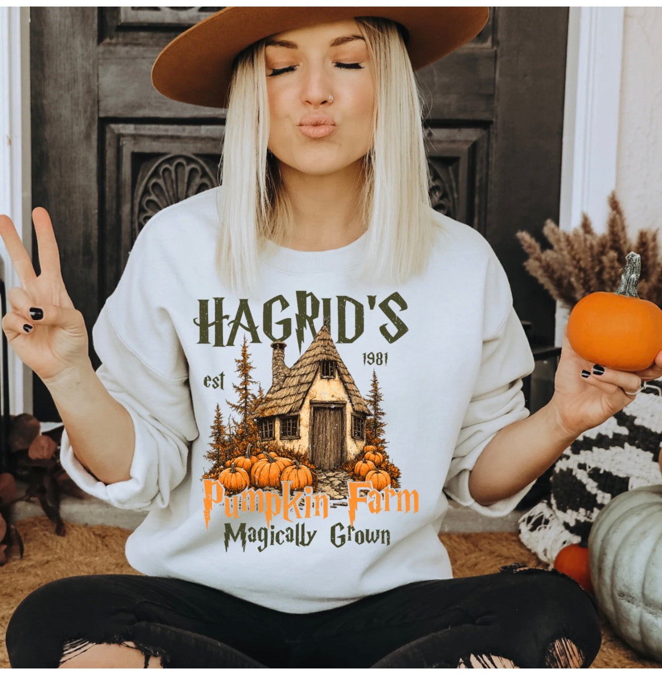Hagrid’s Pumpkin Farm Magically Grown Est 1981 Halloween Crew Long Sleeve Shirt Or T-Shirt! Harry Potter Fans Fave!